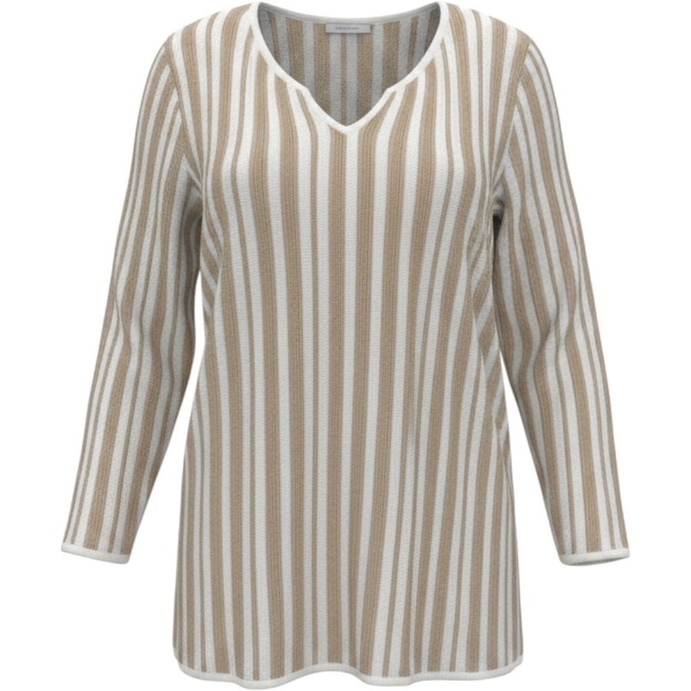 CHICO'S Women's Top Cream Tan Striped V‎ Neck 3/4 Sleeve Knit Top Size 3 XL